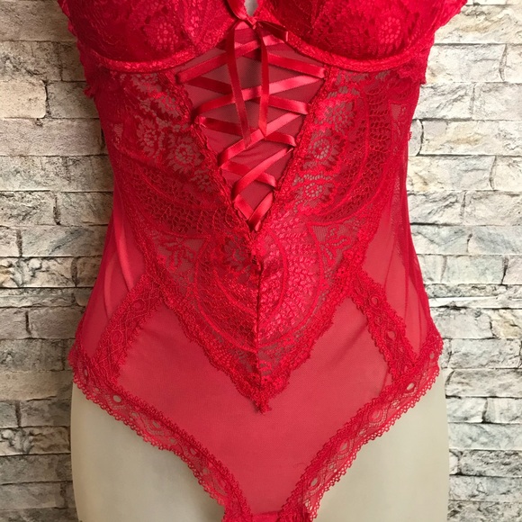 Black Fuchsia by Secret Lace Red Lace Medium Teddy - Picture 3 of 16